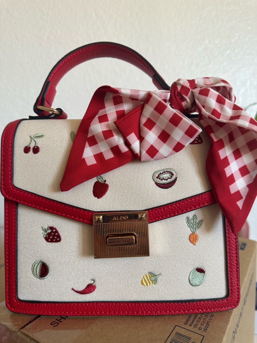 ALDO Red and Cream Embroidered Top-Handle Satchel with Gingham Scarf